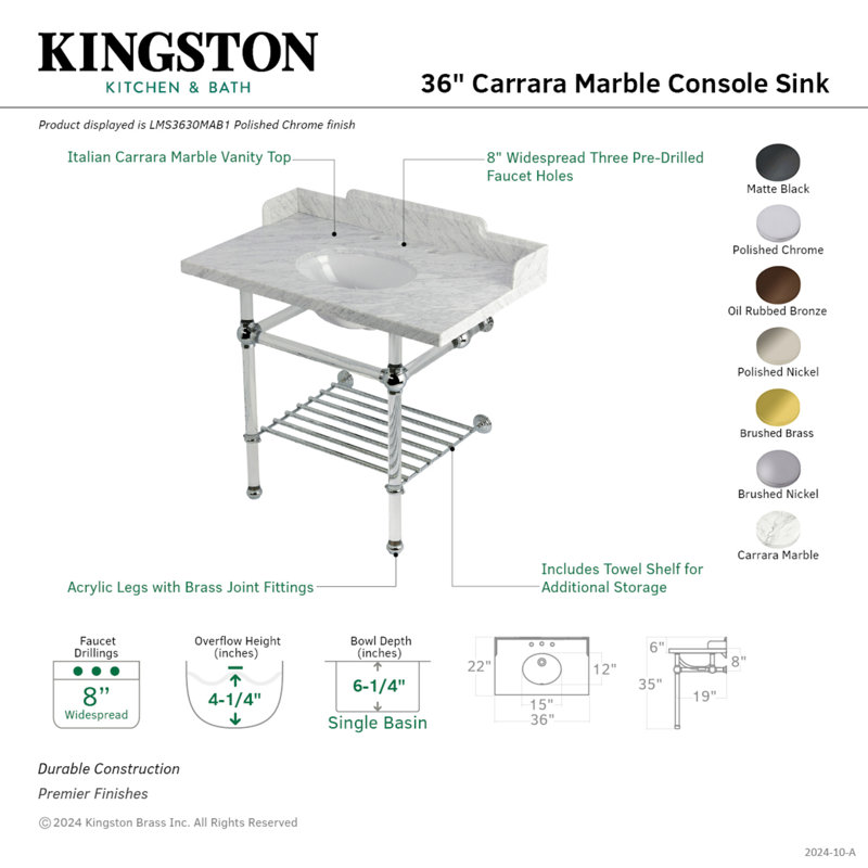 Kingston Brass Pemberton 36-Inch Carrara Marble Console Sink with Acrylic Legs and Shelf (8-Inch, 3-Hole), Brushed Brass