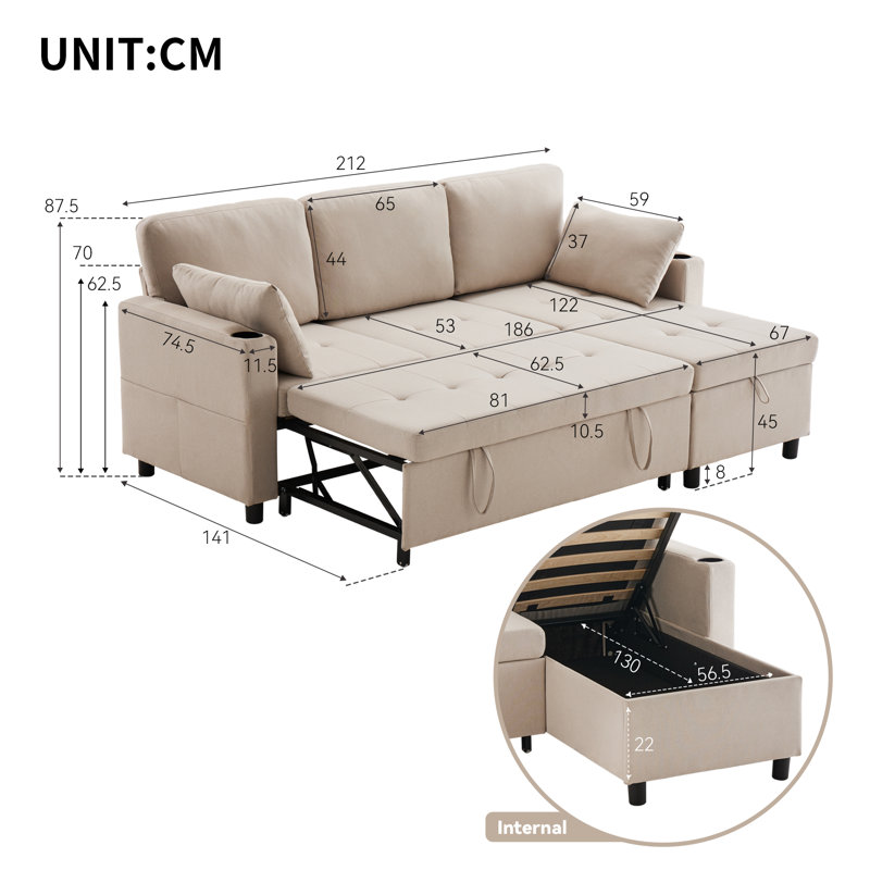Blerim 3 Seater Sofa Bed, Beige