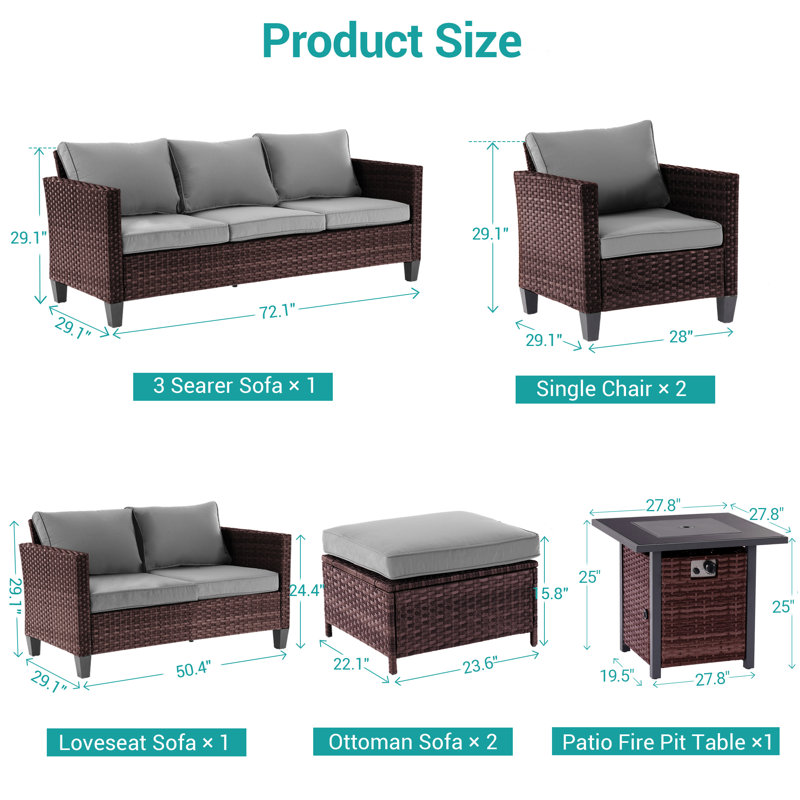 7 Pieces Patio Sofa with Square Fire Pit Table and Ottomans, Brown, Gray