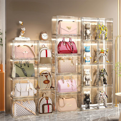 Organisateur de rangement de sac à main en plastique pour 4 placards, présentoir transparent pour sac à main et sac à main, organisateur de boîtes de rangement empilables avec porte magnétique
