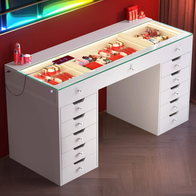 Paten Makeup Vanity HD Glass Top Built-in LED Light Strips Large 13 Drawers Diamond Handles USB and Type-C