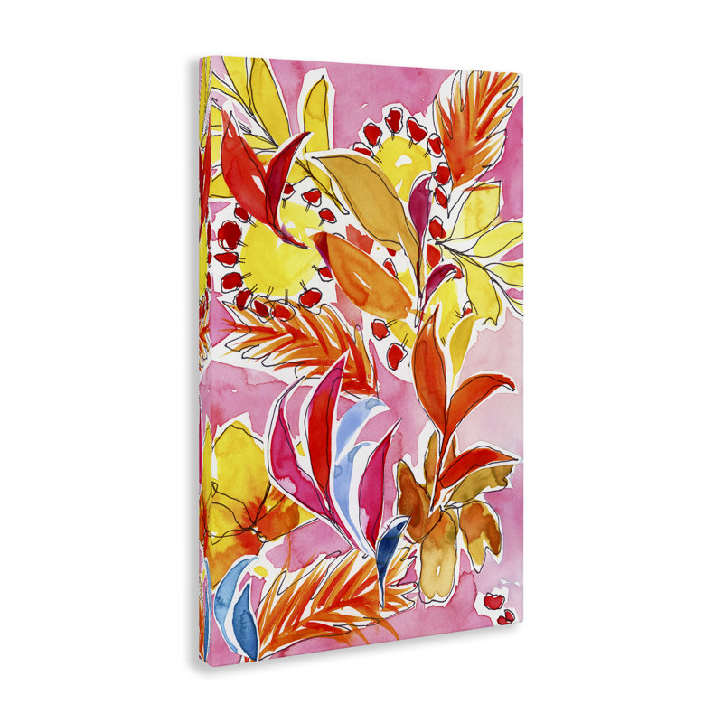 "Orange Botanicals" sur toile rose par Victoria Barnes, H 36 po x l 24 po