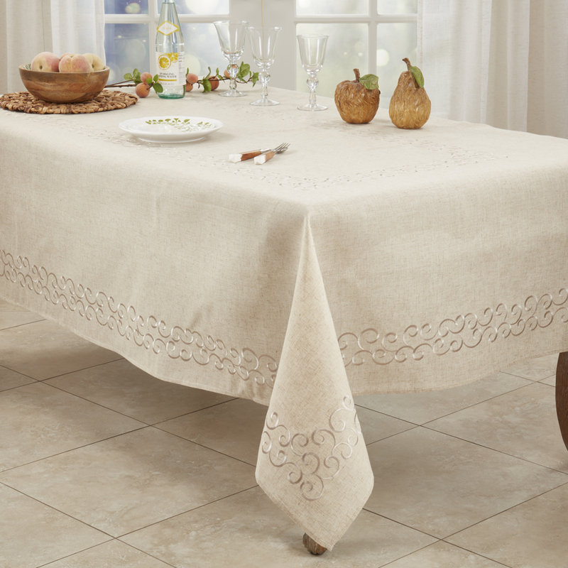 Natural Classic Embroidery Scroll Border Linen Blend Tablecloth 67" W X 67" L, 140" L x 67" D