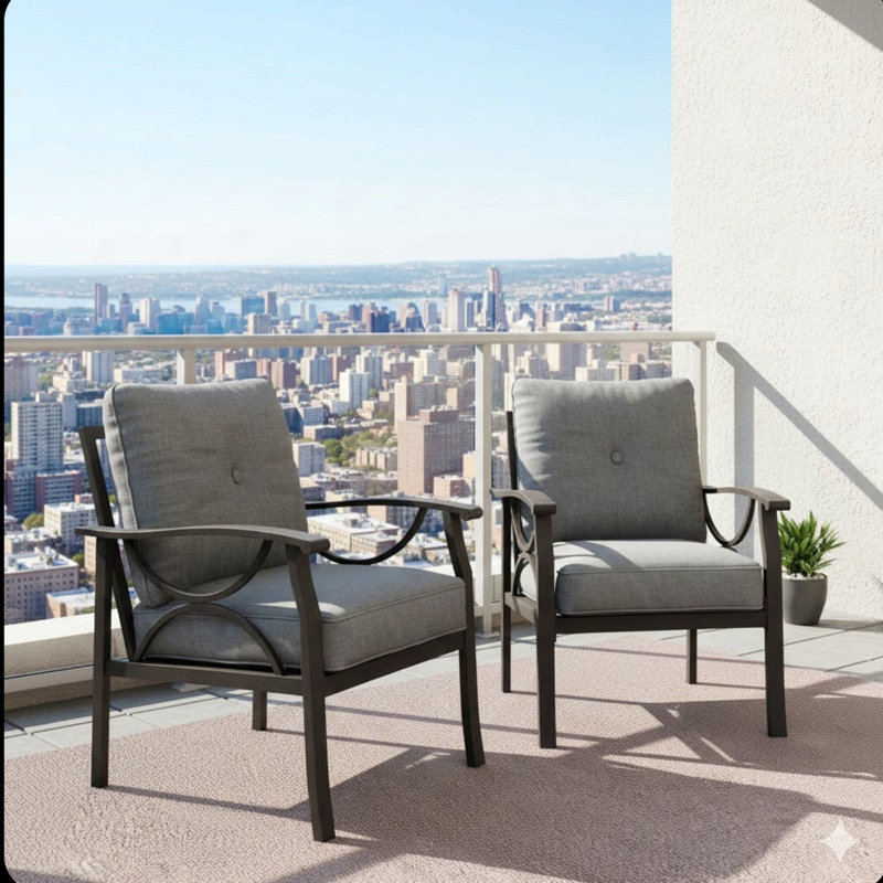 Set Of 2  All-Weather Metal Armchairs, Khaki Frame With Gray Cushions, Gray, Khaki