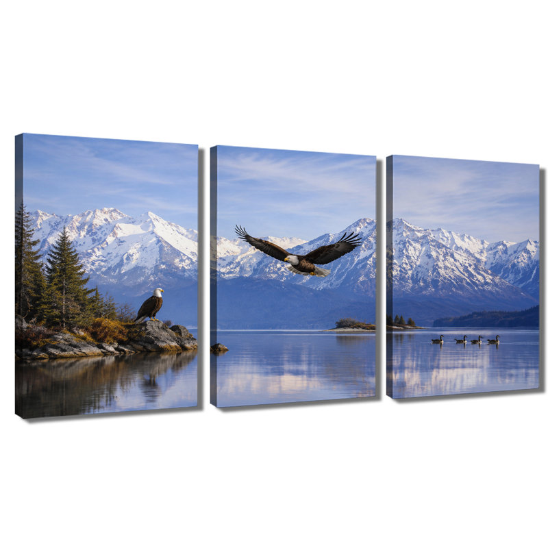 3 panneaux muraux, aigle chauve, montagne, lac, reproduction de toile sur toile pour le salon, 28 * 40 pouces * 3