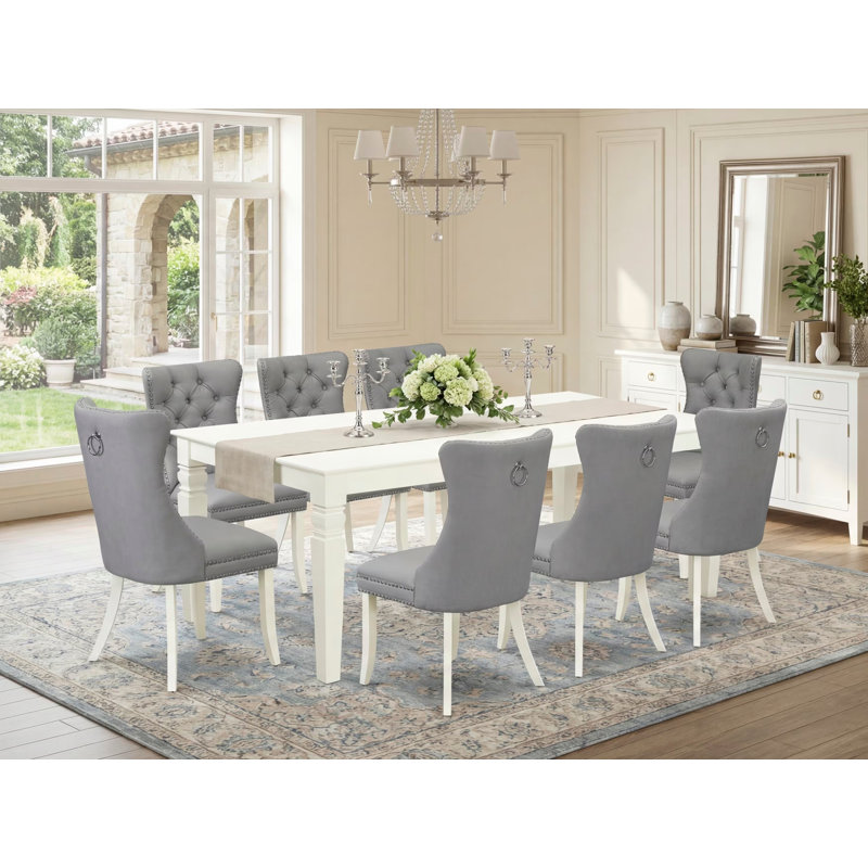 Ensemble de salle à manger 9 pièces comprenant une table de cuisine rectangulaire avec rallonge papillon et 8 chaises rembourrées en tissu de polyester, 42 x 84 po, lin blanc