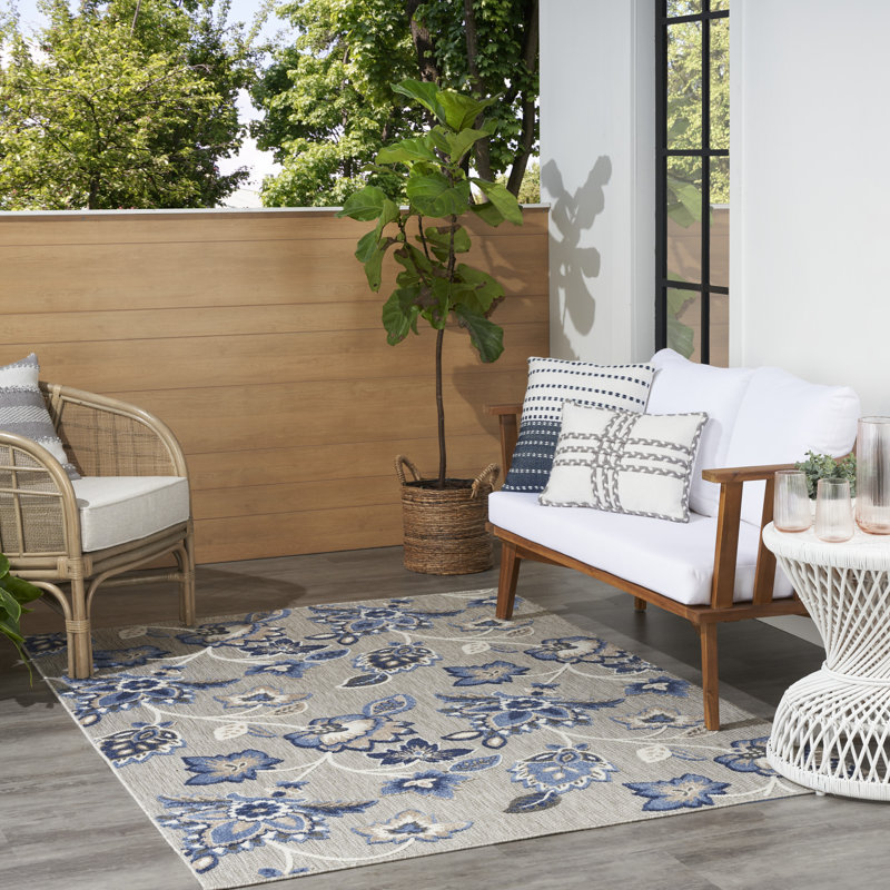 Amond Floral Blue/Grey Indoor/Outdoor Area Rug, Rectangle 9' x 12'