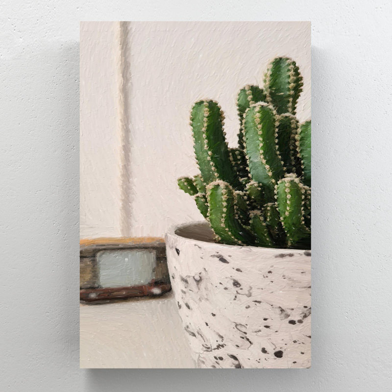 Cactus vert en pot de céramique blanc 3 - 1 pièce, reproduction d'art graphique sur toile tendue, H 14 po x l 11 po