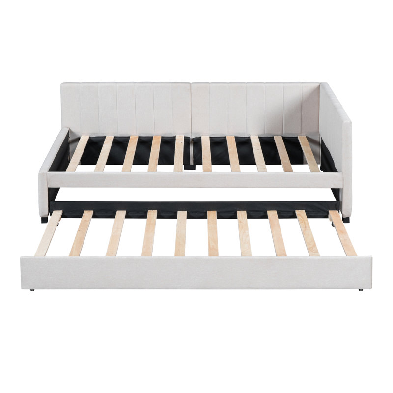  Upholstered Daybed with Trundle Sofa Bed Frame, No Box Spring Needed, Versatile and Space-Saving Design, Ideal for Guest Rooms or Lounging, Linen Fabric