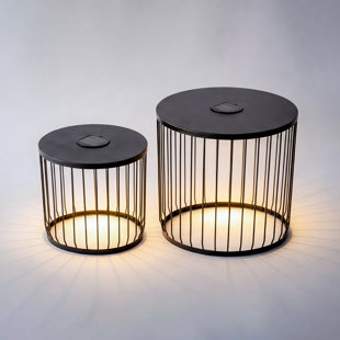 Solar Powered Nesting Side Table Set, Modern Round End Tables with Solar LED Lights (Set of 2)