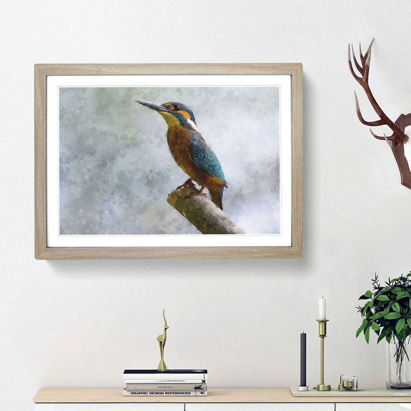 Graceful Kingfisher Bird - Picture Frame Graphic Art Print, 45cm H x 63cm W x 2cm D, Oak Framed