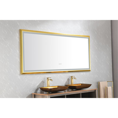 Miroir de salle de bain 84 po x 48 po à DEL, cadre en aluminium, capacité de brouillard, 3 couleurs, gradation continue, fixation murale, miroir doré brossé de 84 po avec brouillard en alliage de 48 po, options de couleurs, étincelle