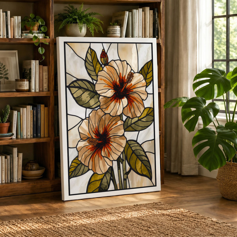 Stained Glass Flowers Botanical - Wrapped Canvas, 36x24 - 91.4 x 61.0 cm, Ochre Border
