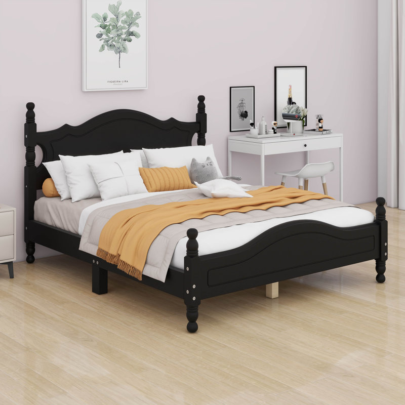 Cadre de lit en bois massif, cadre de lit plateforme en bois de style rétro avec tête et pied de lit, Lit double , Noir