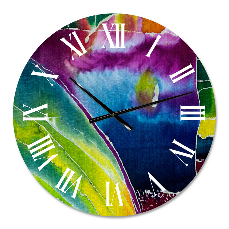 Horloge murale moderne Batik bleue, mauve et verte, Surdimensionné