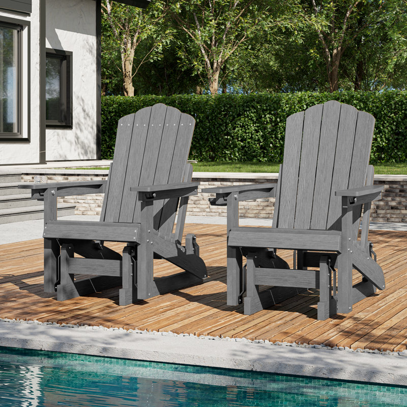 HDPE Glider Adirondack Chair, Wood-Like Glider Rocking Chair, 3-Position Adjustable Fire Pit Chair with Cup Holder for Lawn, Deck, & Poolside