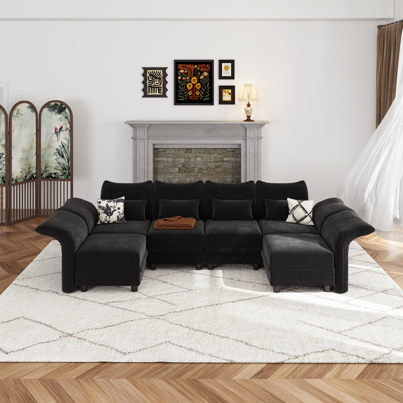 Canapé modulaire rembourré avec rangement de 102 po Harlaii, Microfibre noire / microsuède