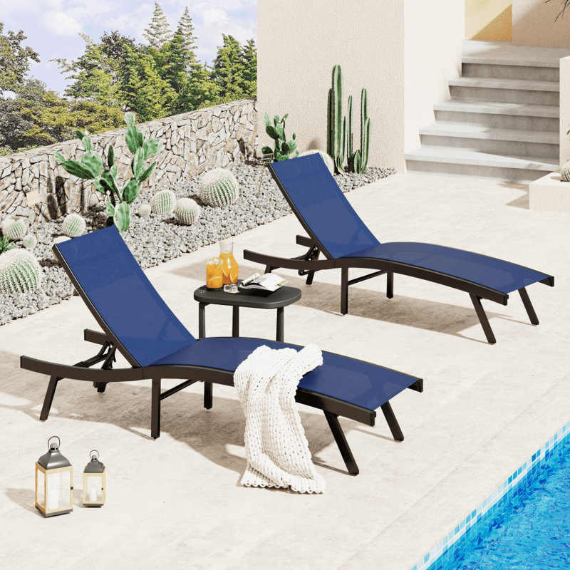2 PCS All Weather Pool Lounge Chairs Ergonomic Design With Adjustable Backrest, Navy