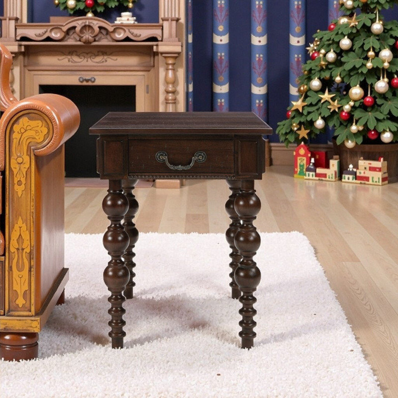 Table de bout étroite avec tiroirs en bois d'hévéa massif et table d'appoint Rosac, Brun foncé