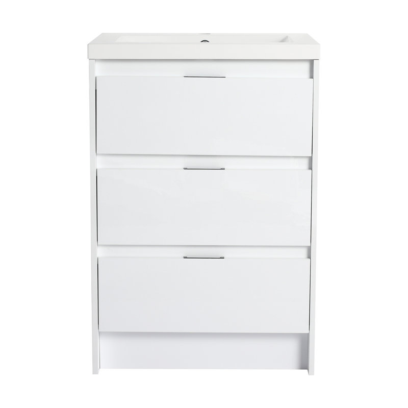 Armoire de salle de bain autoportante 24 po avec lavabo en résine, 3 tiroirs à fermeture en douceur 24 po