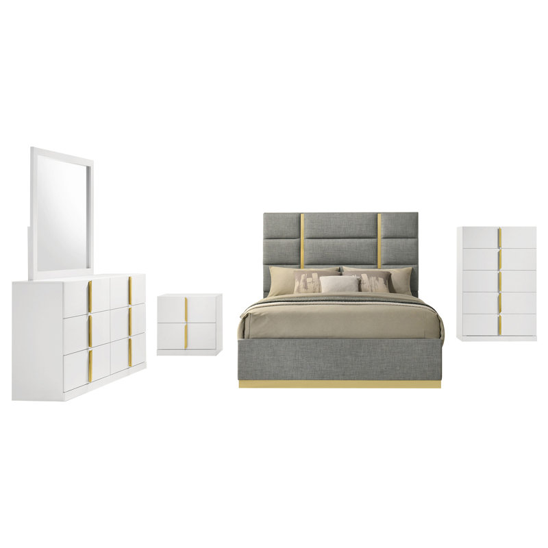 Ensemble de chambre avec grand lit 5 pièces Miyoka Gris et blanc ultrabrillant, Gris, Grand