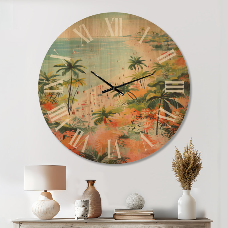 Très grande horloge murale océan - scène de plage côtière de couleur pastel Paradise III, imprimée sur bois, Oversized