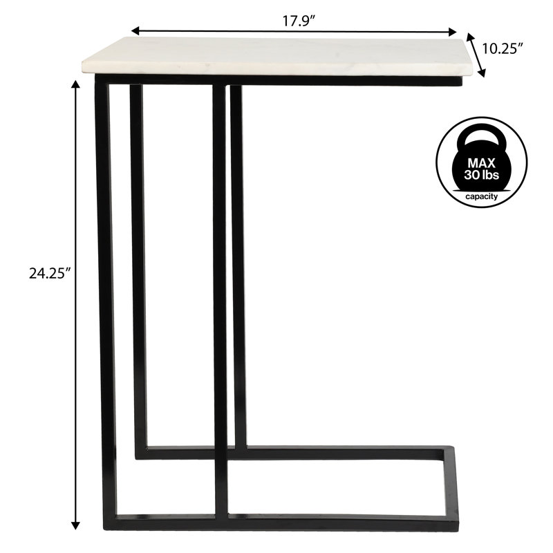 Table de bout moderne en forme de C avec plateau en marbre blanc de 24,25 po et base en métal noir mat Caius, Noir