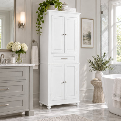 Armoire de rangement de salle de bain Invera haute et moderne en bois d'ingénierie avec quatre portes et rangements à plusieurs niveaux