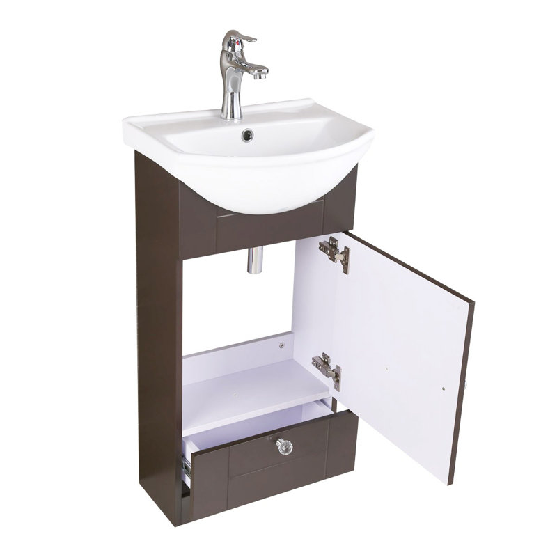 Eustice Small White Ceramic Bathroom Vanity Cabinet Sink with Faucet and Drain, Dark Oak
