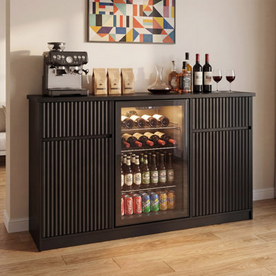LAUSAINT HOME 55.1"W Coffee Bar Cabinet with Mini Fridge Space, Modern Wine Bar Cabinet with Glass Holder & Wine Rack, Large Sideboard Buffet Table for Kitchen, Dining Room & Living Room, Black