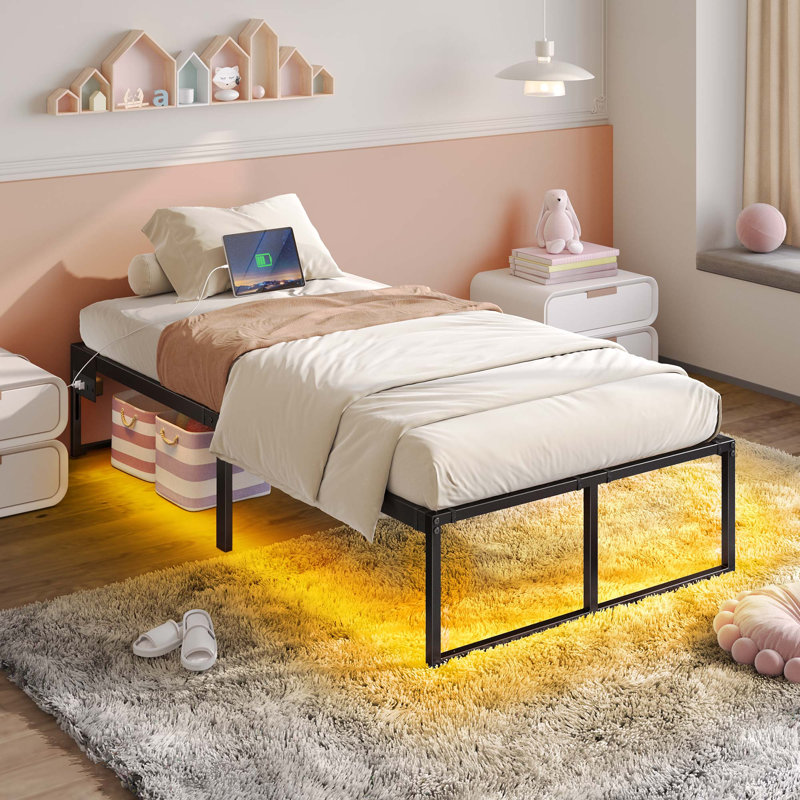 Laureldale 14 inches Metal Platform Bed with LED Lights, USB Charging Station, Twin/Single