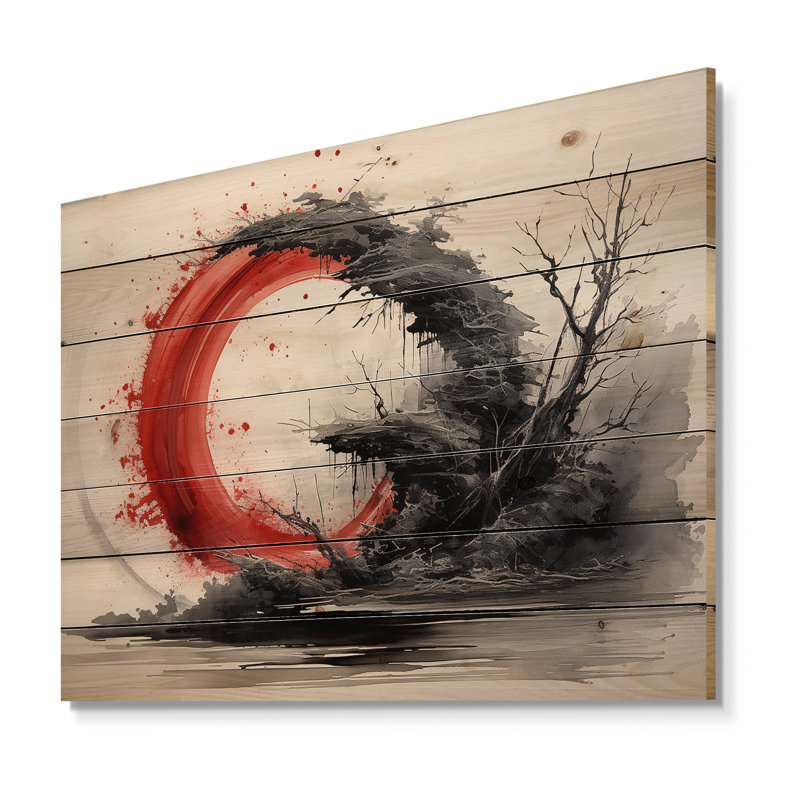 Art bouddhiste rouge et noir, impression sur bois, H 30 po x l 40 po x P 0,78 po