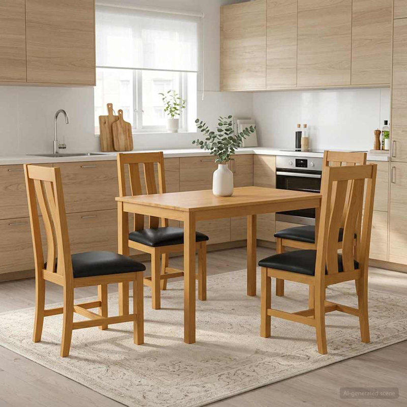 4 -Person Oak Solid Wood Dining Set, Black, Black, Black, Black