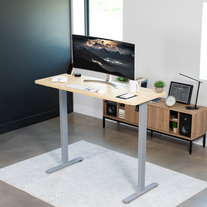 VIVO Single Motor Electric Desk with Push Button Memory Controller, Bamboo/Gray, 48.5" H x 60" W x 24" D
