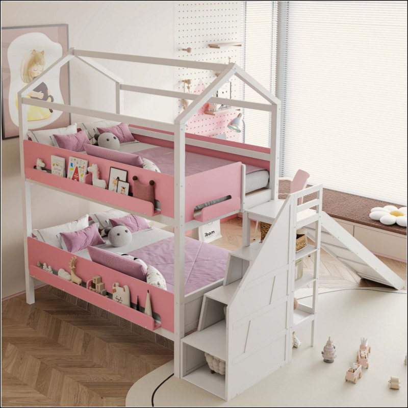 Lit superposé en bois en forme de maison avec glissade et escalier de rangement, cadre de lit pour enfants, White+Pink