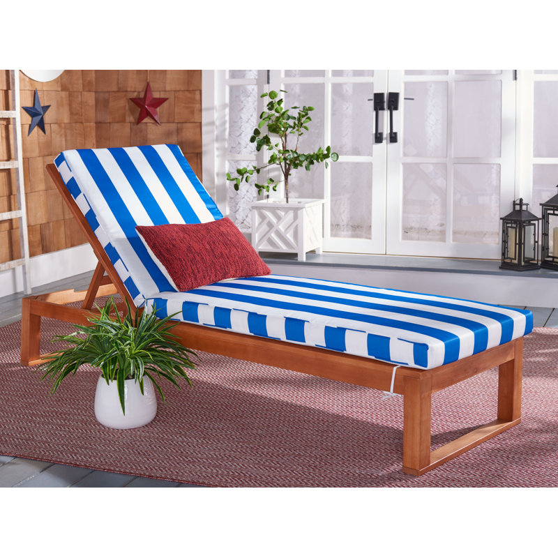 Chaise longue simple inclinable en eucalyptus avec coussins 80,9 po Faunce, Naturel, Bleu royal/blanc