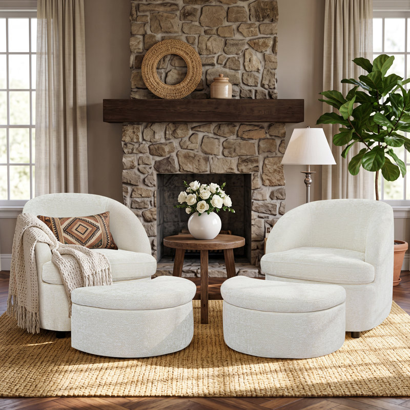 Fauteuil lounge tonneau en chenille haut de gamme avec repose-pieds de rangement, Beige