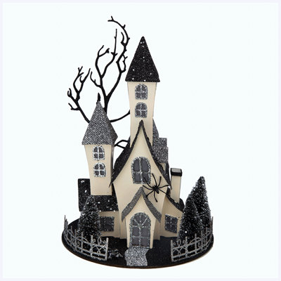 Halloween Cardboard Lighted Haunted House Tabletop Decor, Black & Beige Haunted Mansion with Battery-Powered Glow for Shelves, Mantels & Centerpieces