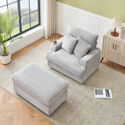 Comfort Armchair And Ottoman Set With Cup Holder And Corduroy Upholstery