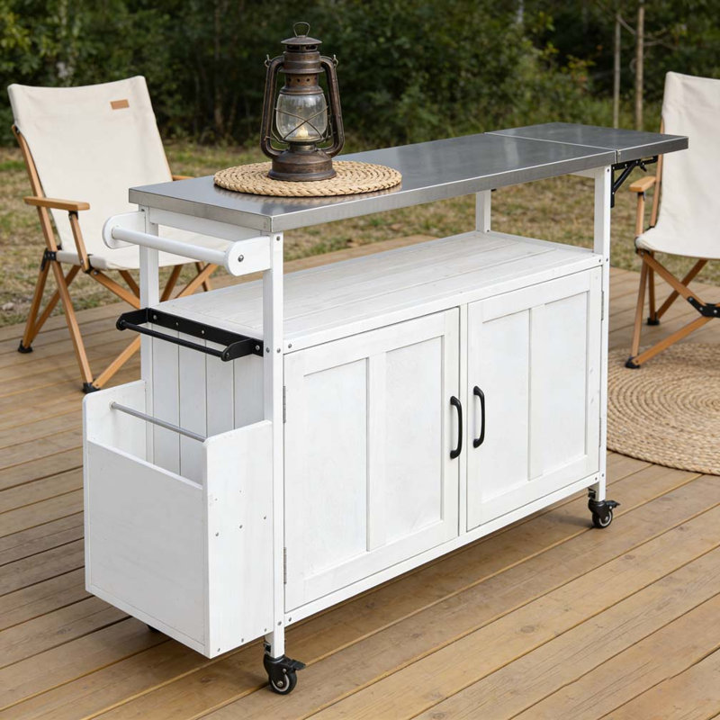 Foldable Outdoor Kitchen Island Patio Mobile Kitchen Cart Portable Outdoor Cooking Island with Lockable Wheels, White