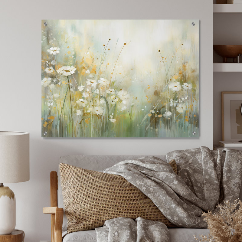 «Green Beige Serene Meadows II», art mural abstrait en botanique, H 12 po x l 20 po