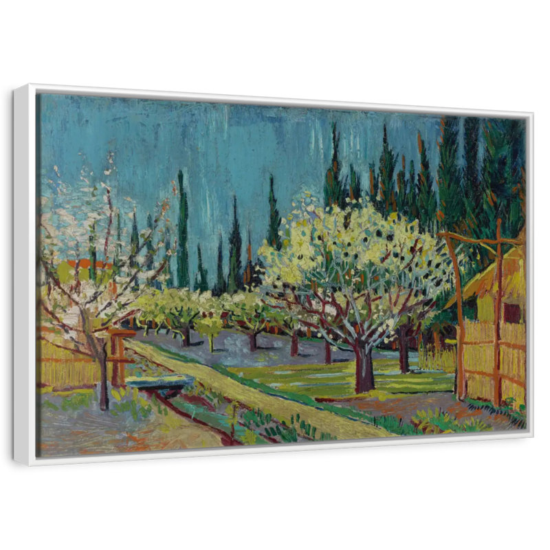 Verger bordé de cyprès, Cadre flottant blanc, 43 po x 29 po
