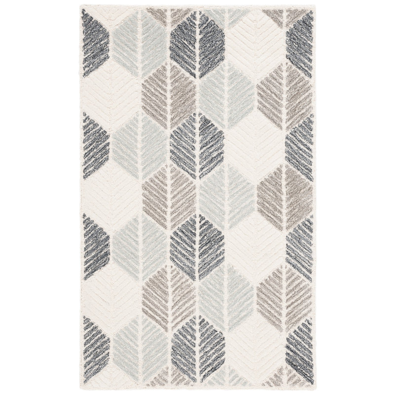 Reaksmey Hand Tufted Wool Viscose Cotton with Latex Geometric Rug in Gray/Ivory, Rectangle 3' x 5'