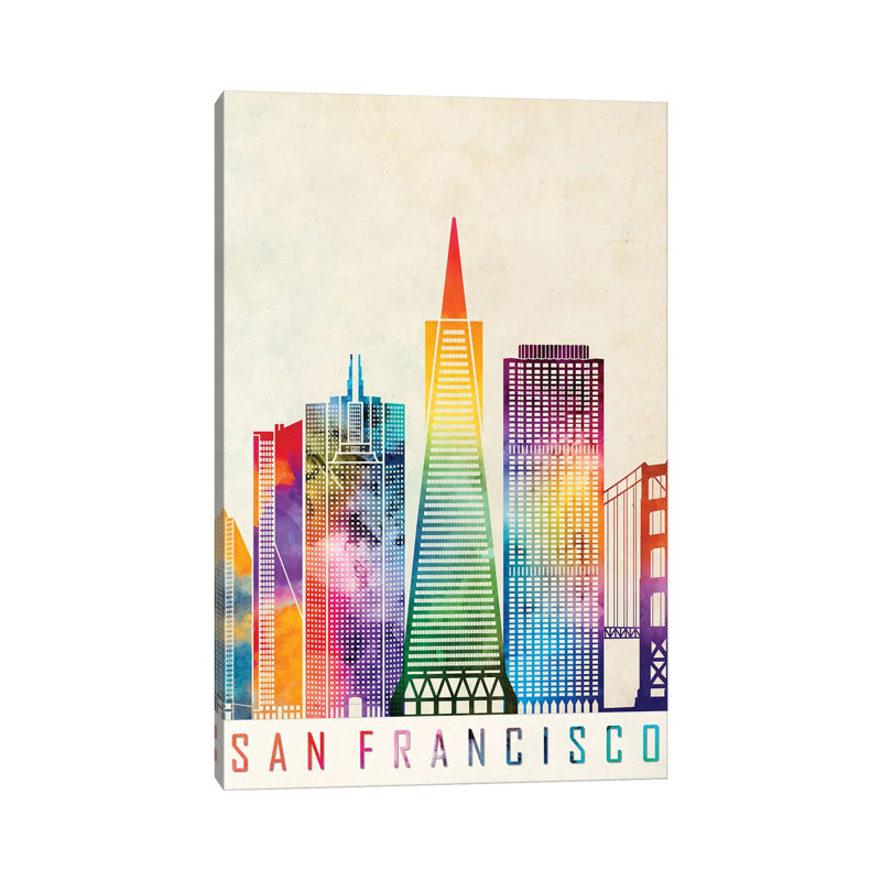 San Francisco Landmarks Watercolour Poster by Paul Rommer - Wrapped Canvas Gallery-Wrapped Canvas Giclée