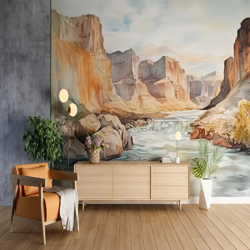 Murale aquarelle, paysage de rivière Canyon, L 108 po x l 96 po