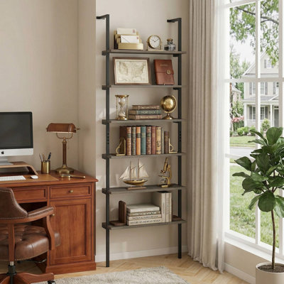 72" Industrial 6-Tier Ladder Wall-Mounted Bookshelf, Reinforced Rust-Resistant Metal Frame & Spacious Open Display Shelves, Fits Living Room, Study, Entryway