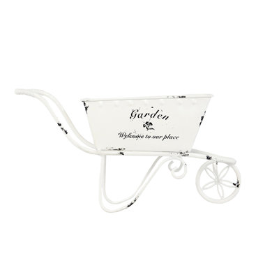 11.5 - Width, White Iron, Wheelbarrow Style Planter, Fresh Succulents, Shelving Unit Faux Flowers, Tabletop