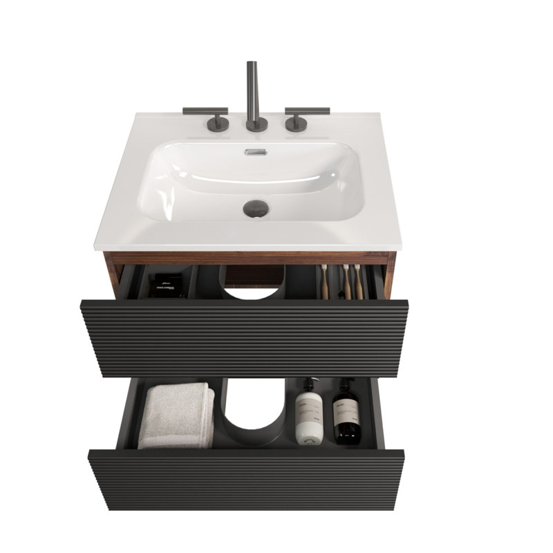 Meuble-lavabo mural noir et noyer avec lavabo en céramique à 3 trous, grands tiroirs de rangement, glissières de fermeture, ensemble de montage pour salle de bain