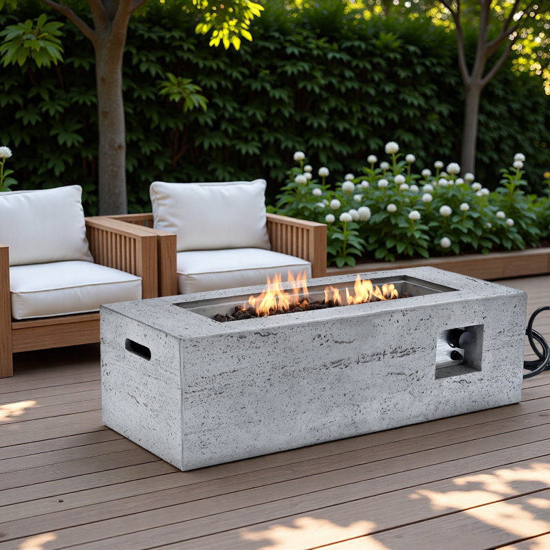 Mgo Propane Outdoor Rectangular Fire Pit With Side Cutout Handles, Steel Burner, Adjustable Flame Control, Lava Rocks And Rain Cover