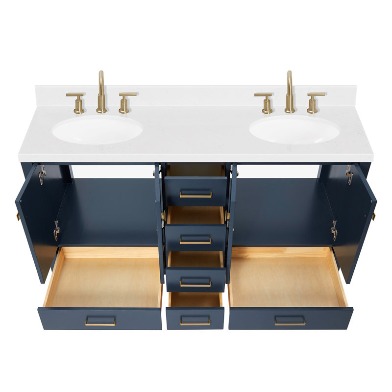 Meuble-lavabo double 60,25 po avec comptoir, Bleu minuit / laiton satiné